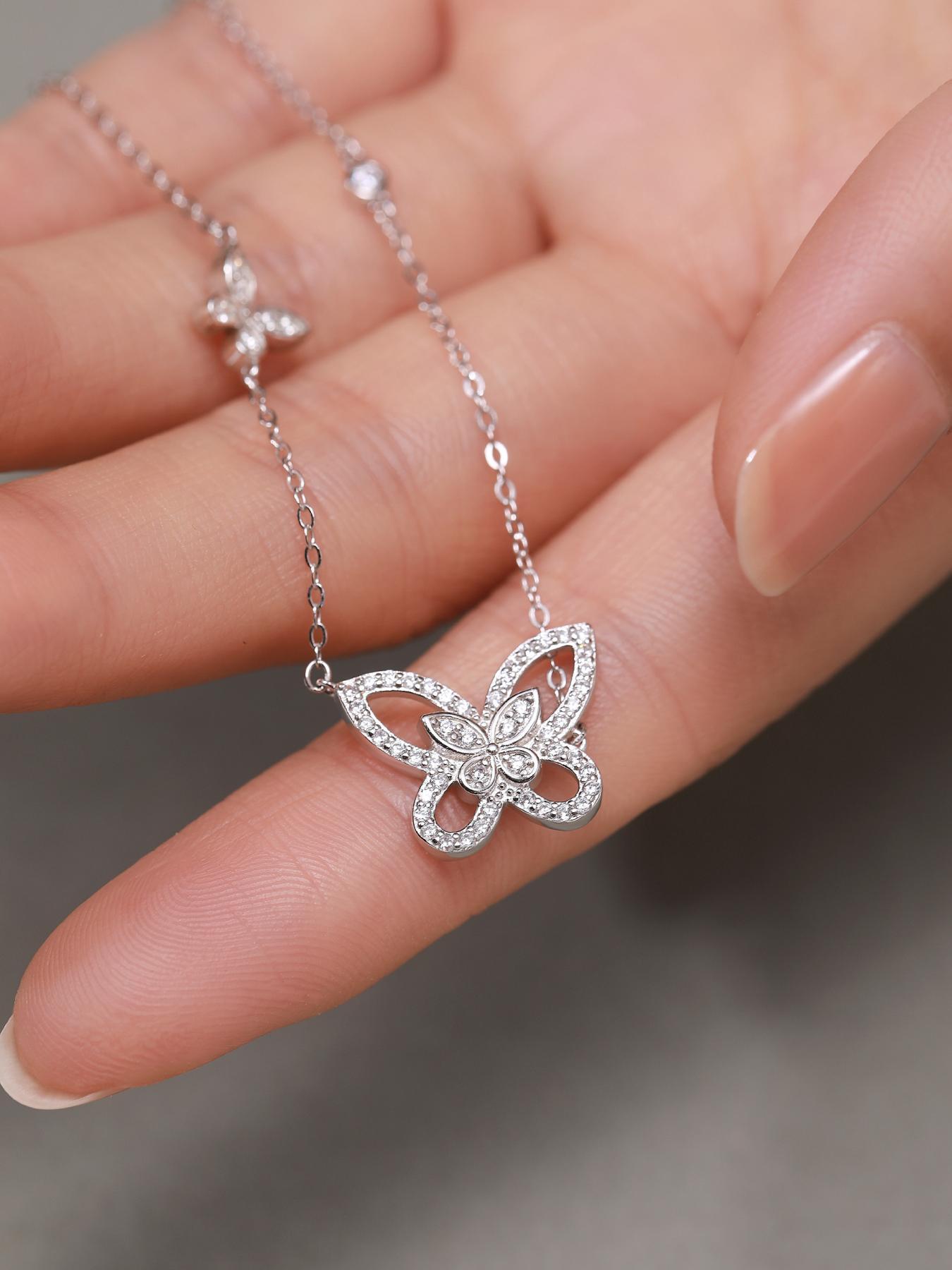 S925 Sterling Silver Butterfly Design Pendant Necklace, Artificial Zircon Decor Necklace for Women & Girls, Trendy All-match & Exquisite Jewelry for Birthday Gift, Valentine's Day, Gift