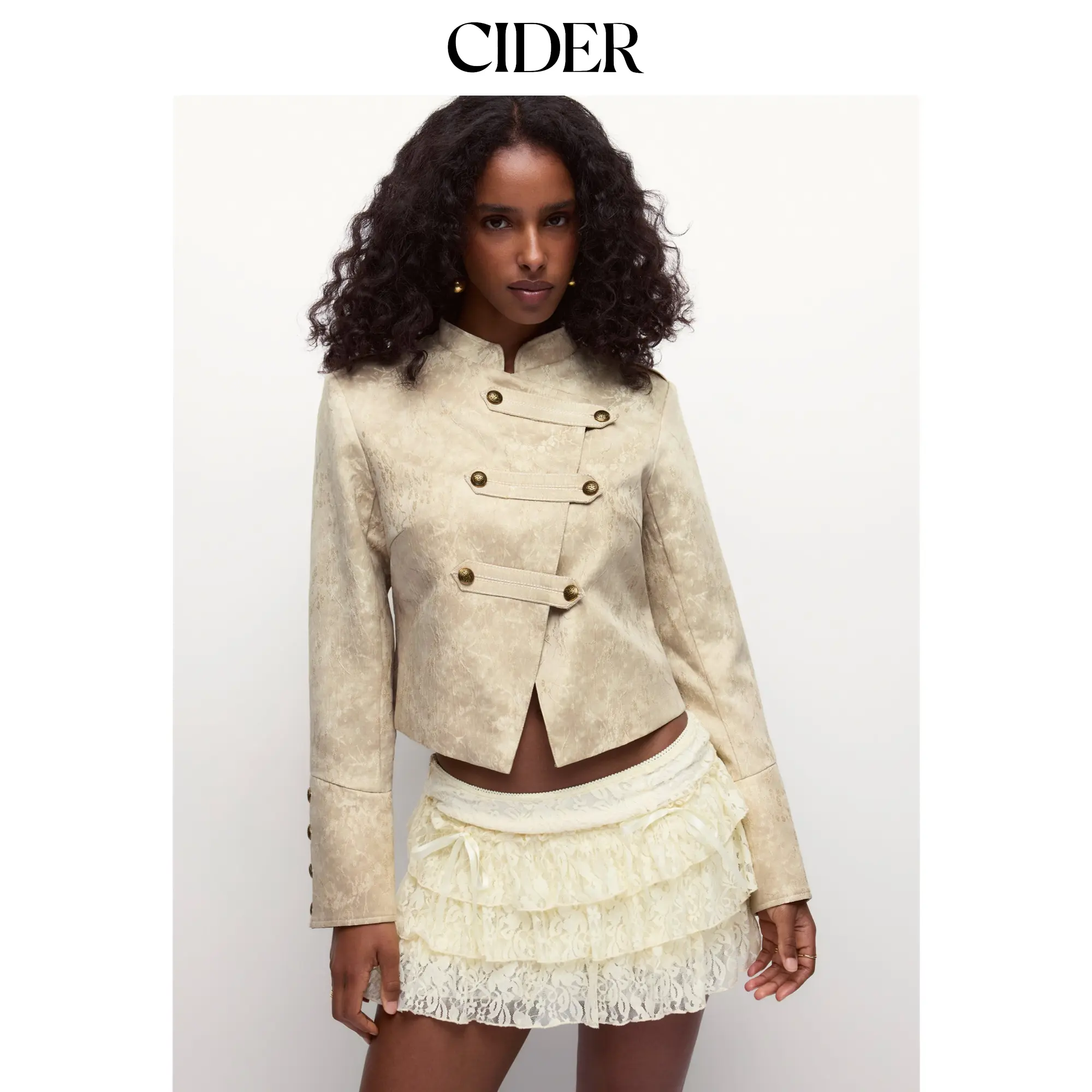 Cider Floral Jacquard Stand Collar Asymmetrical Metal Detail Jacket SohoChic