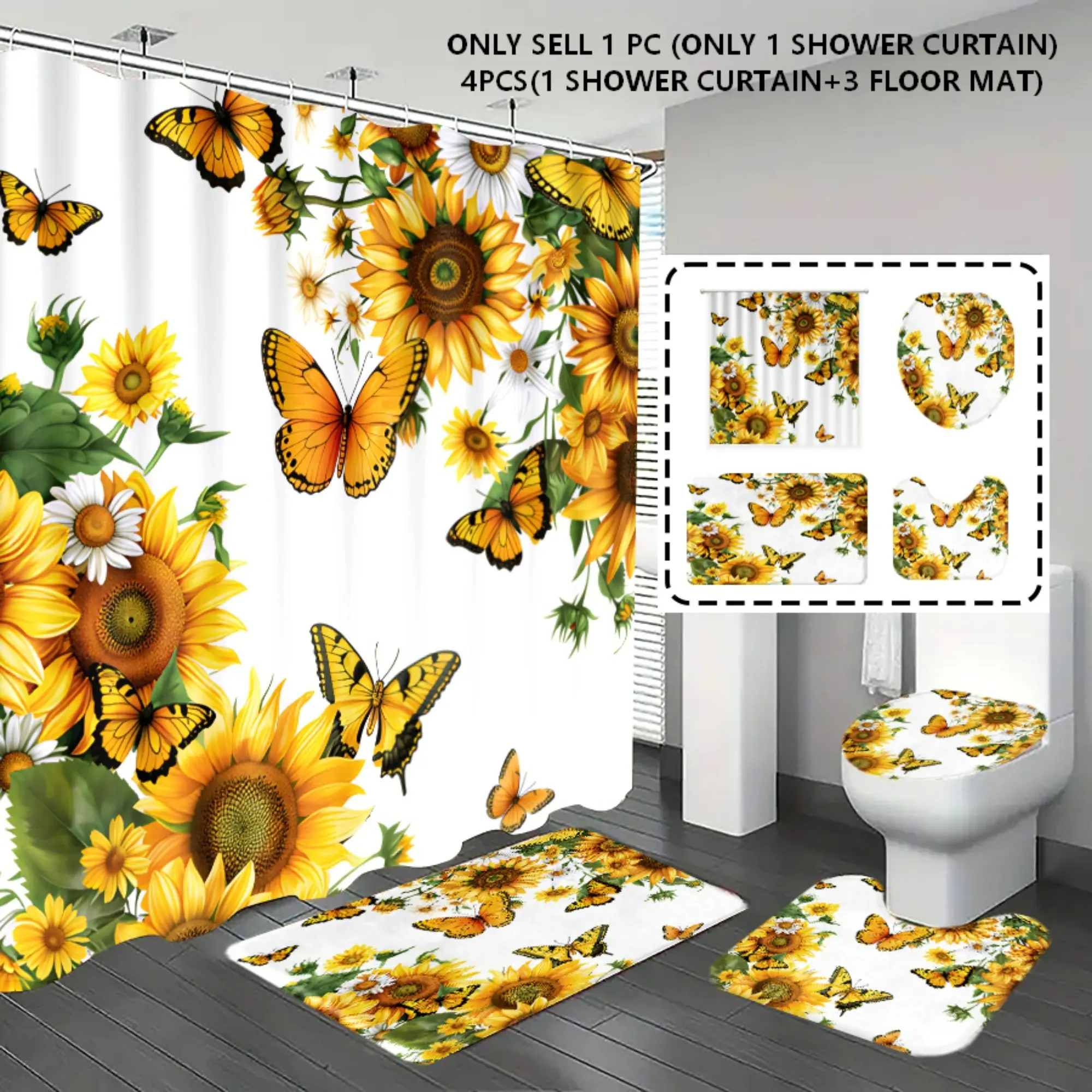 [Popular Choice] 1PC/4PCS ,Boho Shower curtain and bathroom rug/mat featuring a sunflower and butterfly pattern; rustic country-style decor; includes 12 hooks; Farmhouse Bohemian Shower Curtain Set for Bathroom