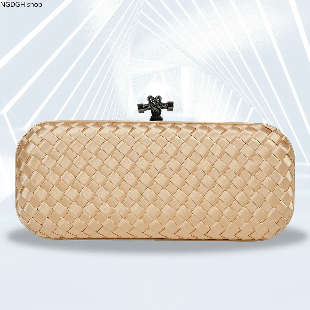Women's Woven Satin Shoulder Clutch, Elegant Handbag with Shiny Leather Accent, Adjustable Chain & Turn-Lock for Prom Events, Shiny Finish, Leather Face, Metallic Turn-Lock, Evening Clutch Bag, Soft Shiny Leather Accent