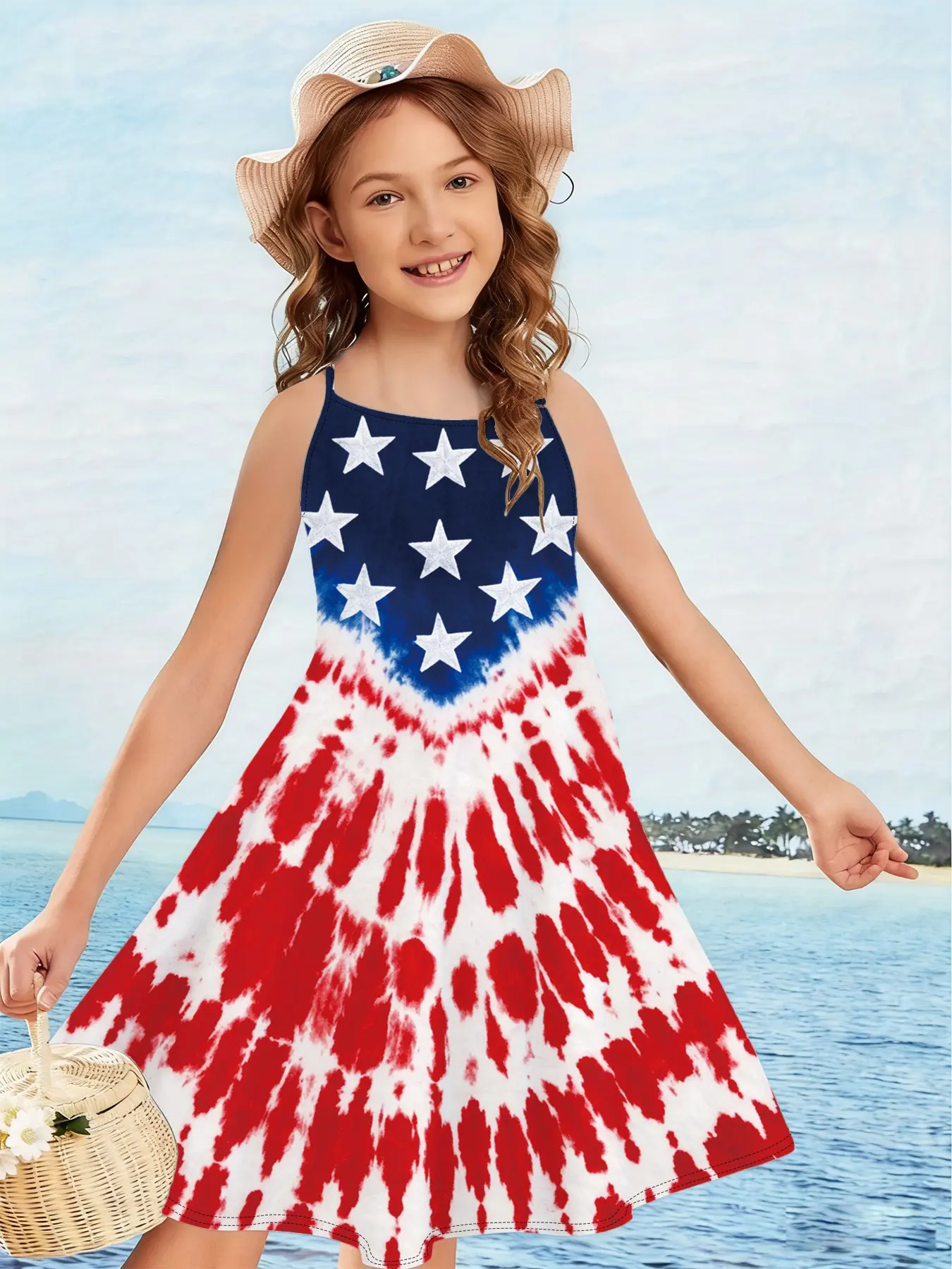 Girls' American Flag Star Stripes Halter Dress, Tie-Dye 3D Print, Cute Sweet Style, Loose-Fitting, Casual Vacation Daily Wear, Dresses for Summer, Loose Flowy Dress
