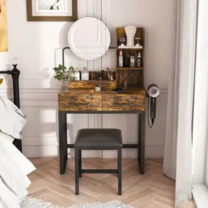 Aobtkel LED Vanity with Mirror, 3-Color Lights, Power Outlet, 2 Large Drawers, Sturdy Metal Legs & Metal Chair - Brown Bedroom Dressing Room Makeup Vanity Table