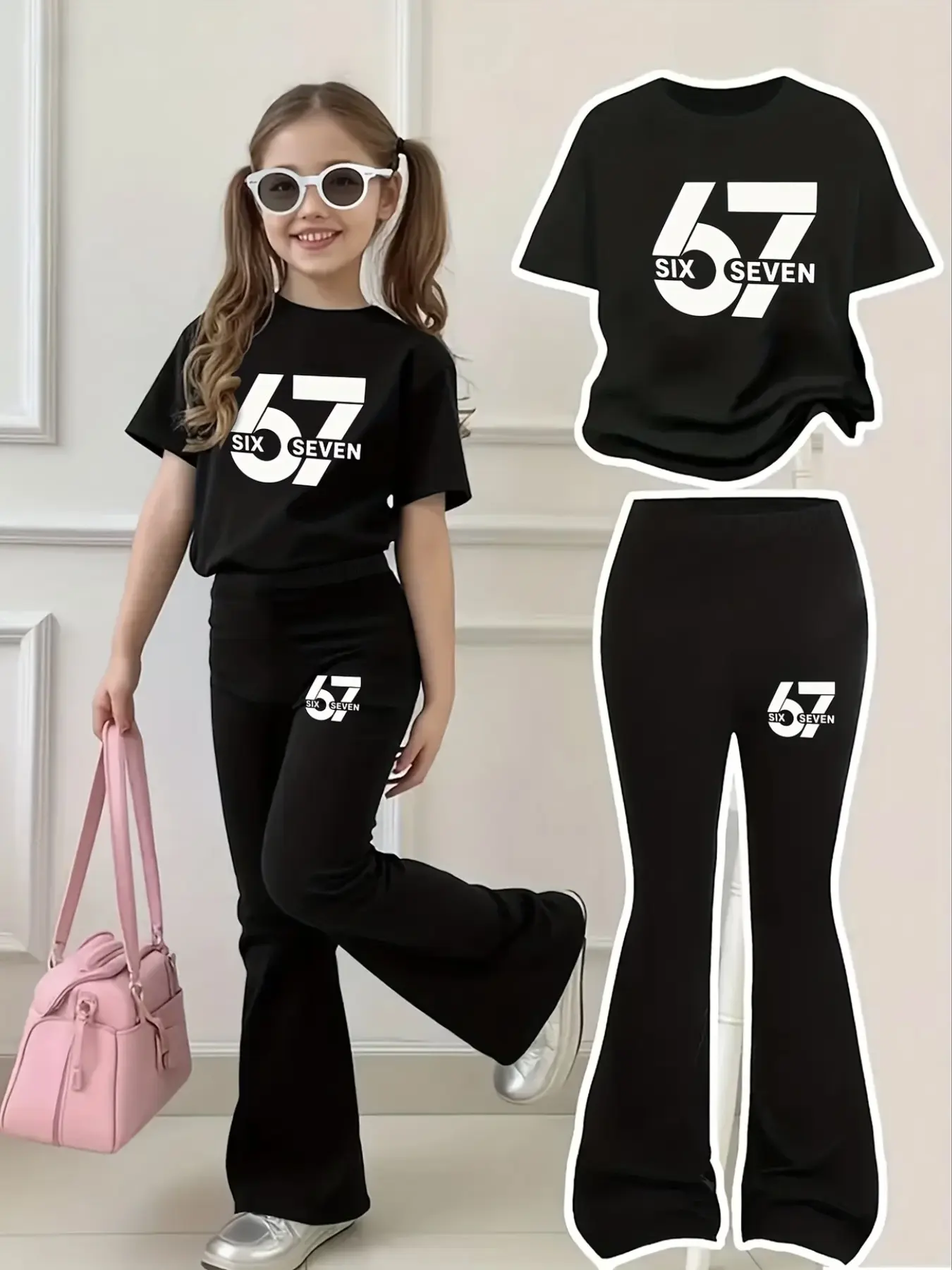 Girls' Digital Print Short Sleeve Set, Casual Street Style, High-Waisted Elastic Micro Flare Pants, School & Outing Wear