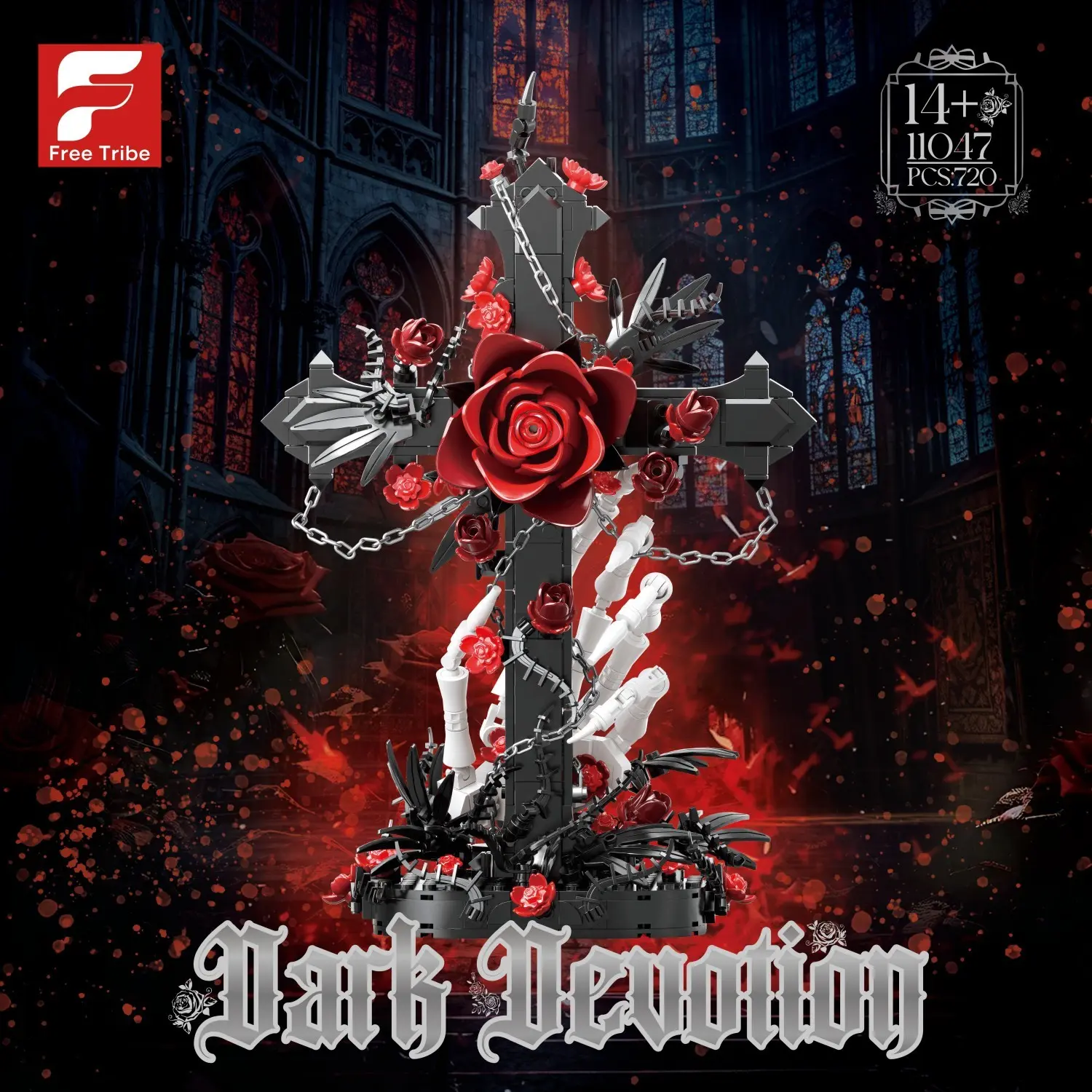 720pcs Halloween Gothic Cross DIY Puzzle Set, Deep Rose and Skull Hand 3D Puzzle, Horror Home Decor, Stress Relief Building Blocks Gift