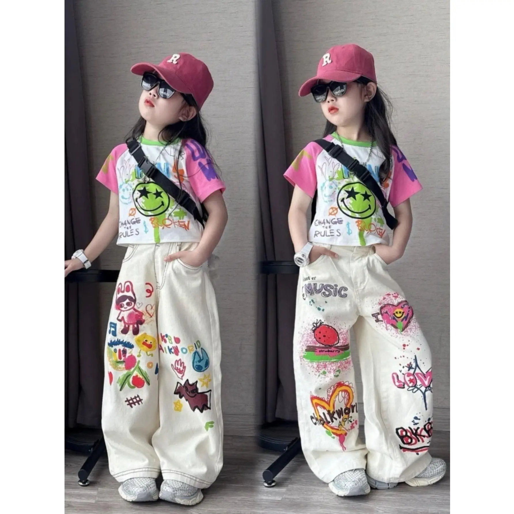 New Trendy Two-Piece Outfit for Girls: Short-Sleeve T-Shirt And Straight-Leg Pants for a Sweet And Cool Summer Look, for Outdoor