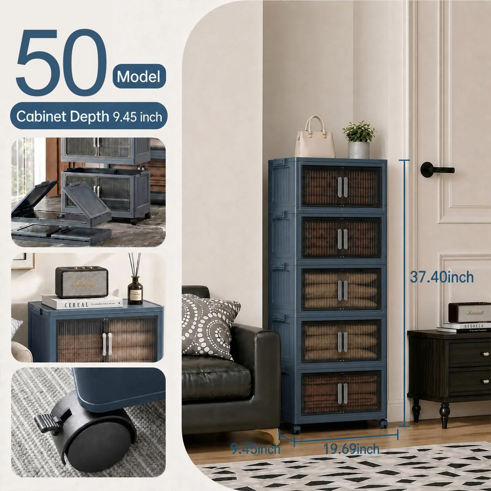 50cm Foldable Storage Organizer with Brake Wheels & Clear Transparent Door, Dustproof Moisture Resistant & Stackable. Comes in 1/3/5-Tier with Single/Double Lid, Extra Large Capacity for Snacks, Toys & Daily Sundries. Multiple Sizes Available
