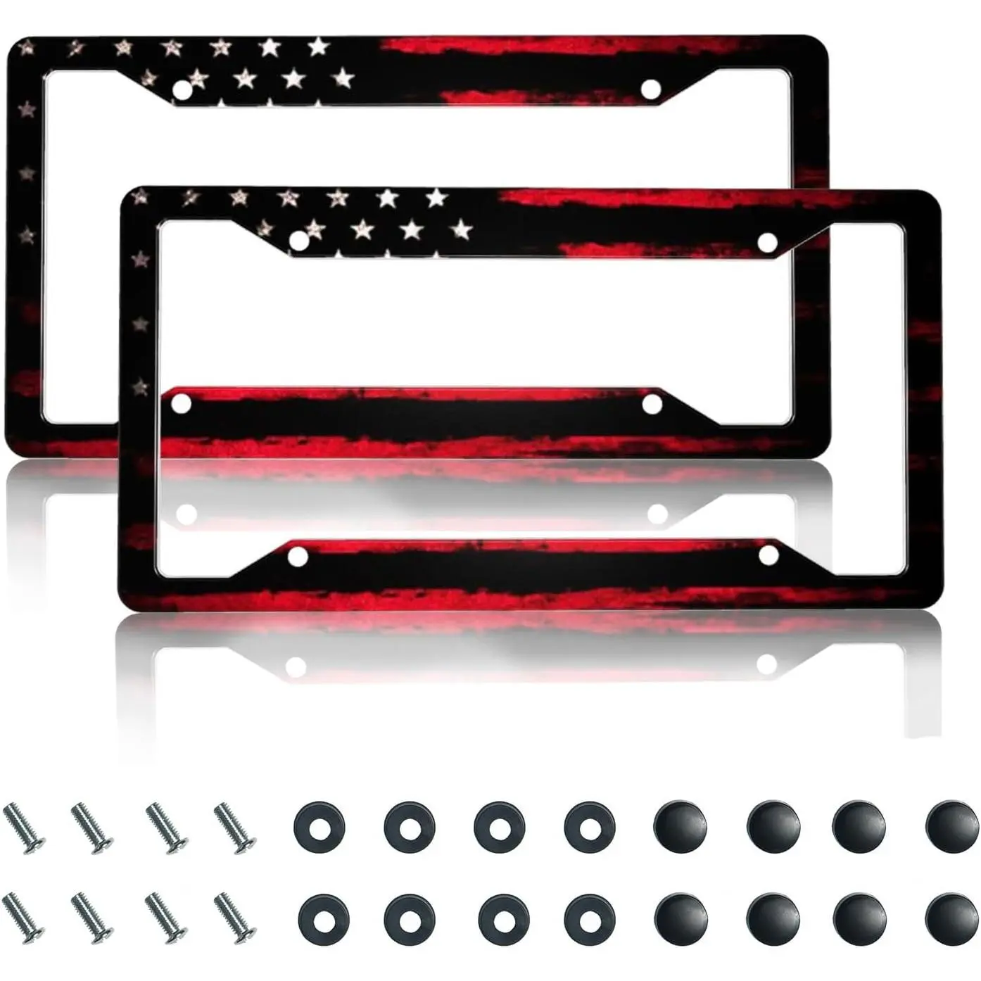 GACCAP License Plate Frame 2 Pack Front Rear Aluminum Metal Rust-Proof Universal Car Tag Frames Holder with 4 Holes Car Decor Accessory with Screws for Men Women - Black Red American Flag