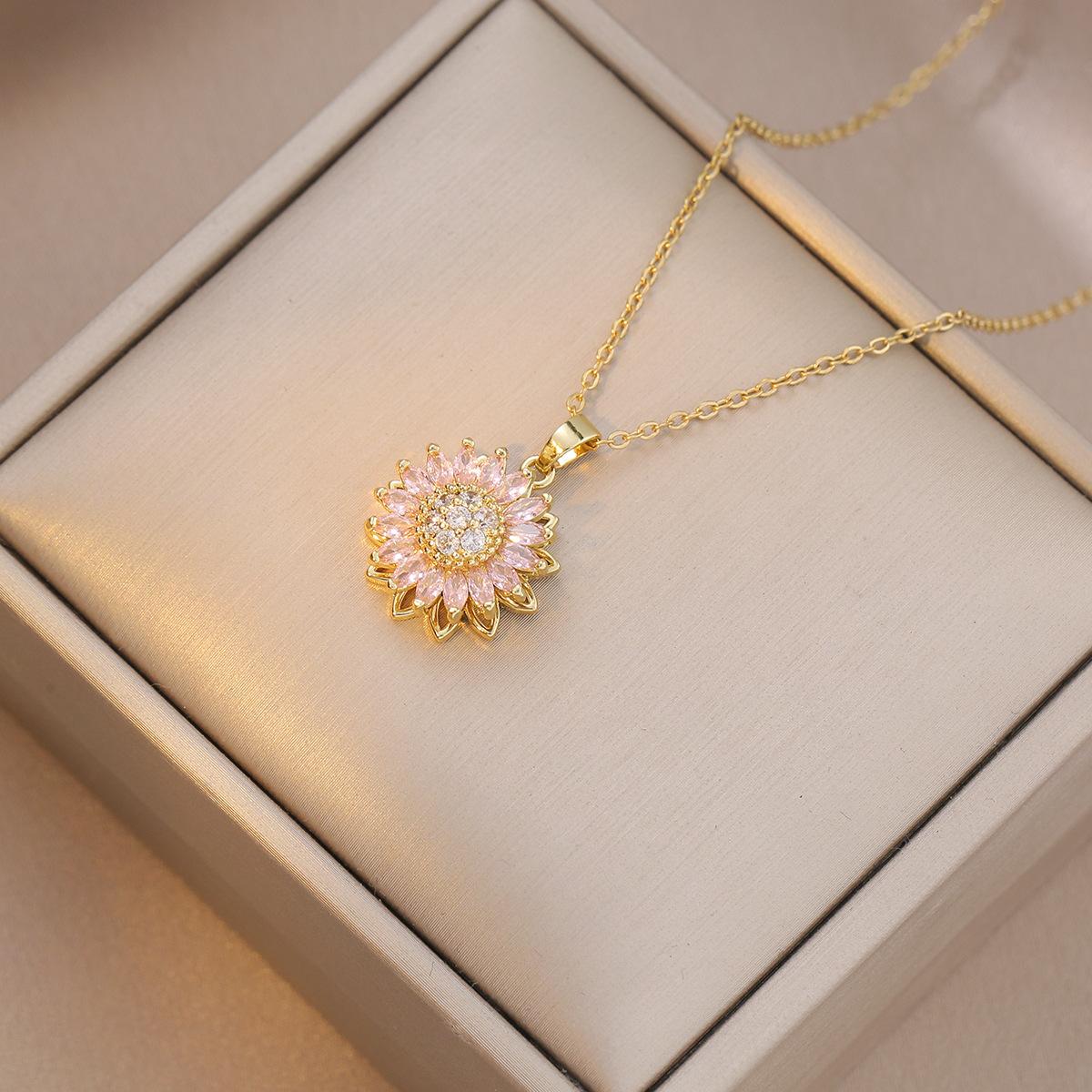 Women's Necklace, New Style Sunflower Diamond-encrusted, Rotatable Collarbone Chain Jewelry, Japanese and Korean Style Cross-border, Ins Ring, Sunflower