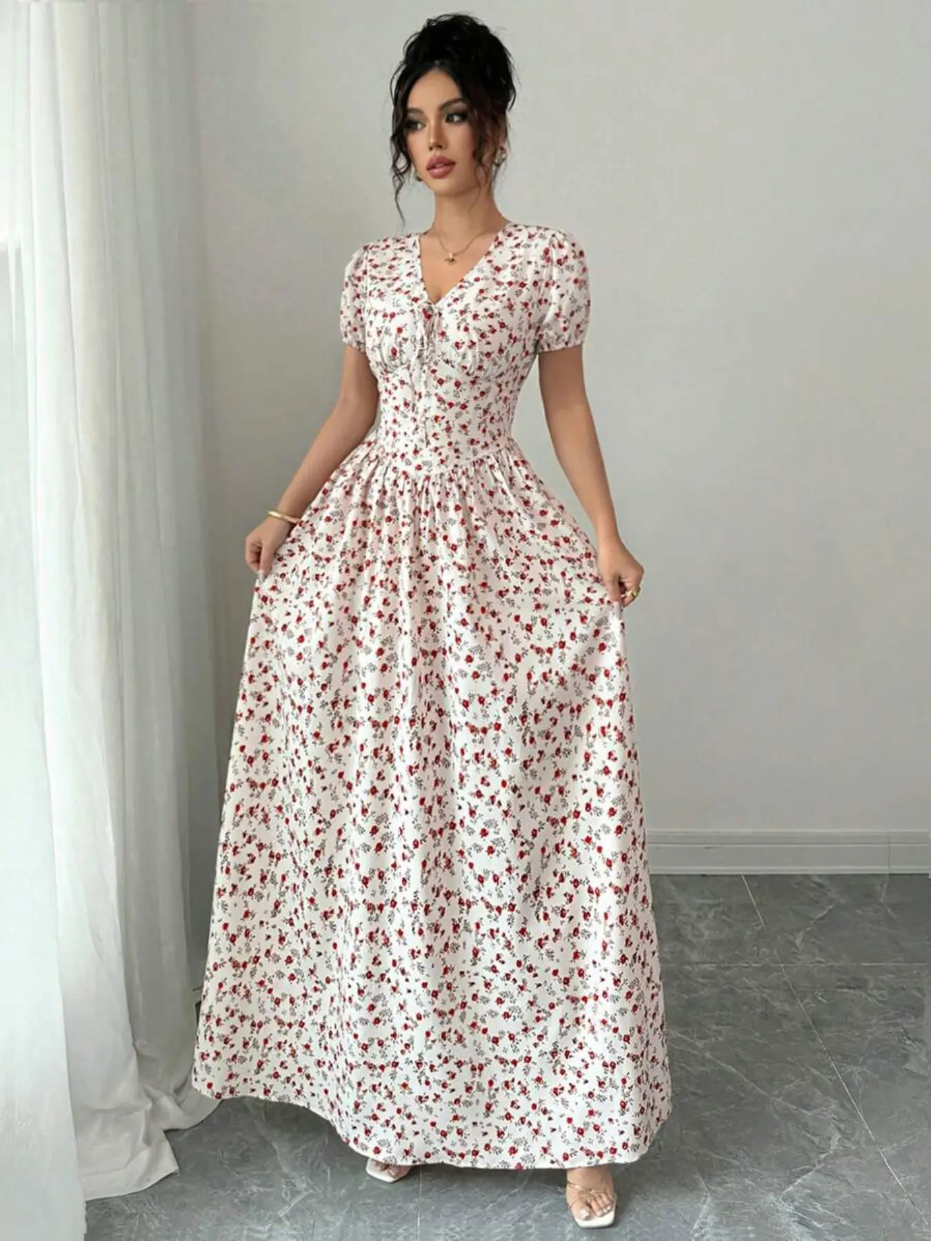 Elegant Women's Summer Ditsy Floral Print Long Dress, Waist-Cropped Bubble Sleeve Country Style Dress, Casual Daily Wear, Music Festival, Vacation, Boho Style Dresses