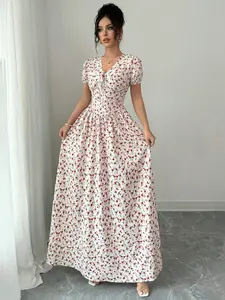 Elegant Women's Summer Ditsy Floral Long Dress, Waist-Cropped Bubble Sleeve Country Style Dress, Casual Daily Wear, Music Festival, Vacation