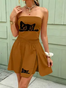 2-piece set, lying black cat print sleeveless tube top   shorts skirt, suitable for daily wear, sexy women's tube top and half skirt