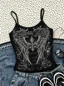 1-piece Y2K Gothic Angel Wings Girls' Tank Top, black edged adjustable thin shoulder straps, vintage rock style girls' fashionable street wear, American street style, music festival, daily street wear