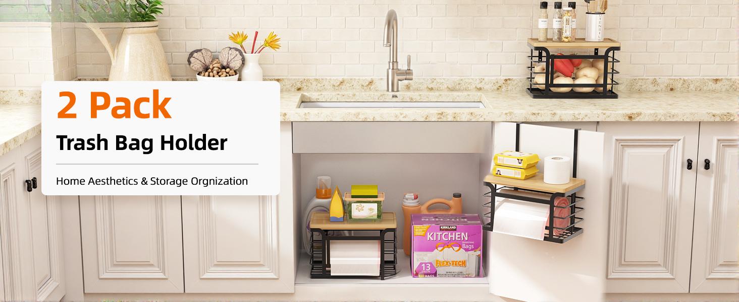 2 Pack Stackable Trash Bag Holder with Bamboo Top, 2025 Pro Wall Mount Laundry Room Organization, Djustable Hooks for Cabinet Door - Organizers in Kitchen/Pantry/Laundry Room, Black