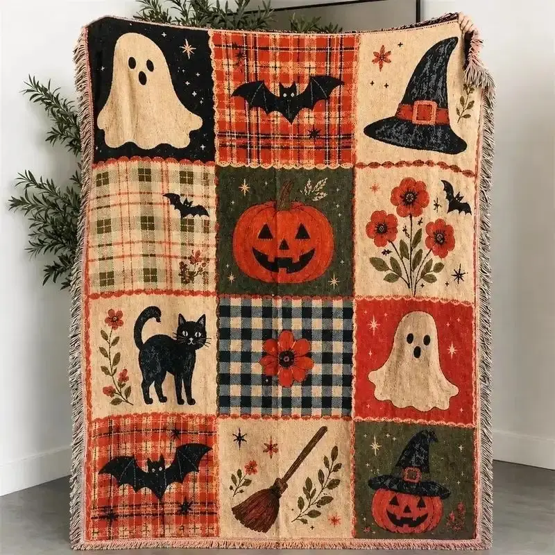 Halloween Patchwork Look Woven Blanket with Tassels Edge - Multi Purpose Decorative Piece, Blankets for Sofa, Home Bedding & Outdoor Picnic Camping Accessory