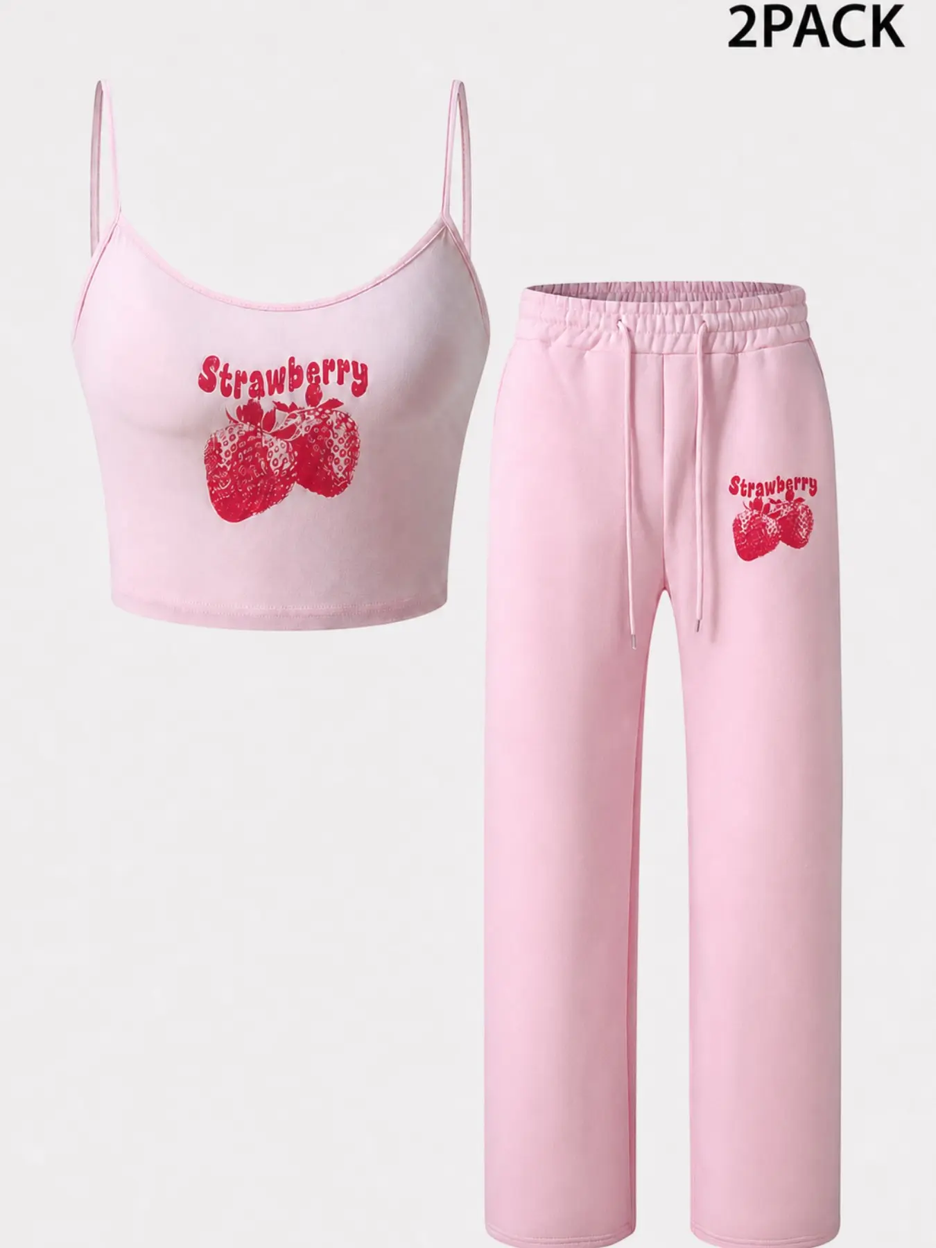 Women's Pink Strawberry Print Spaghetti Strap Crop Cami & Drawstring Wide Leg Sweatpants 2 Piece Set, Soft Casual Sweet Girl Matching Loungewear Co-Ord