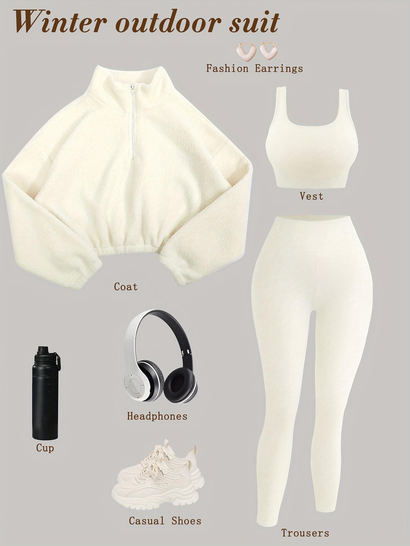 Amoyer 3-Piece Tracksuit Set for Women, fleece-lined zip jacket + top + high-waist pants, cozy winter activewear for gym, running, travel