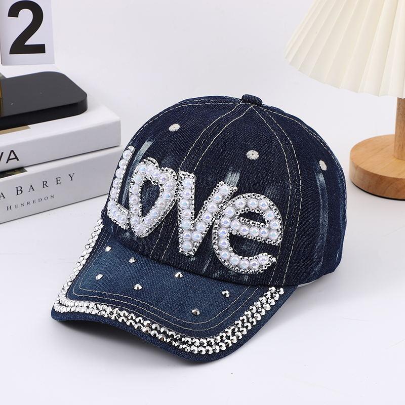 European and American handmade rhinestone-embellished sun protection hat, washed denim LOVE letter baseball cap for women, versatile sunshade from manufacturer