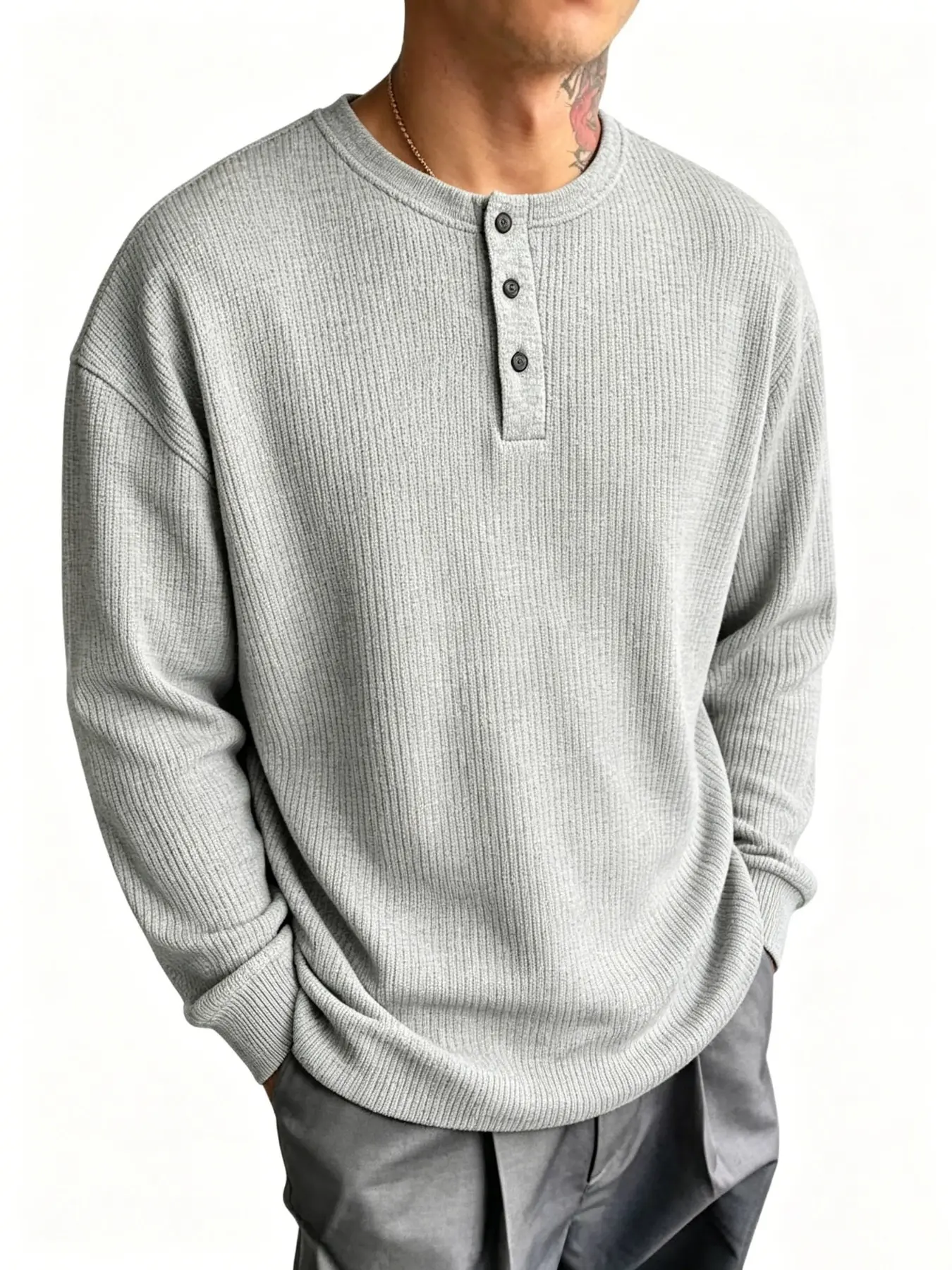Men's Waffle Knit Henley Shirt, Long Sleeve Button Neck Casual Loose Relaxed Fit T-Shirt, Comfortable and Stylish Top for Daily Wear