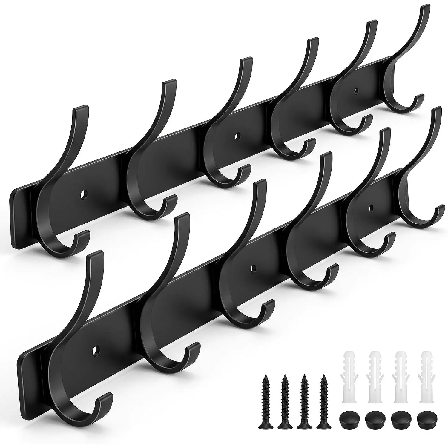 Coat Rack Wall Mounted,6 Coat Hooks for  Coats,Metal Double Hook Rack Hook Rail,Coat Rack with Hooks,Wall Mount Coat Hanger for Hat Towel Purse Robes (2 Pack Black, 6 Hooks)