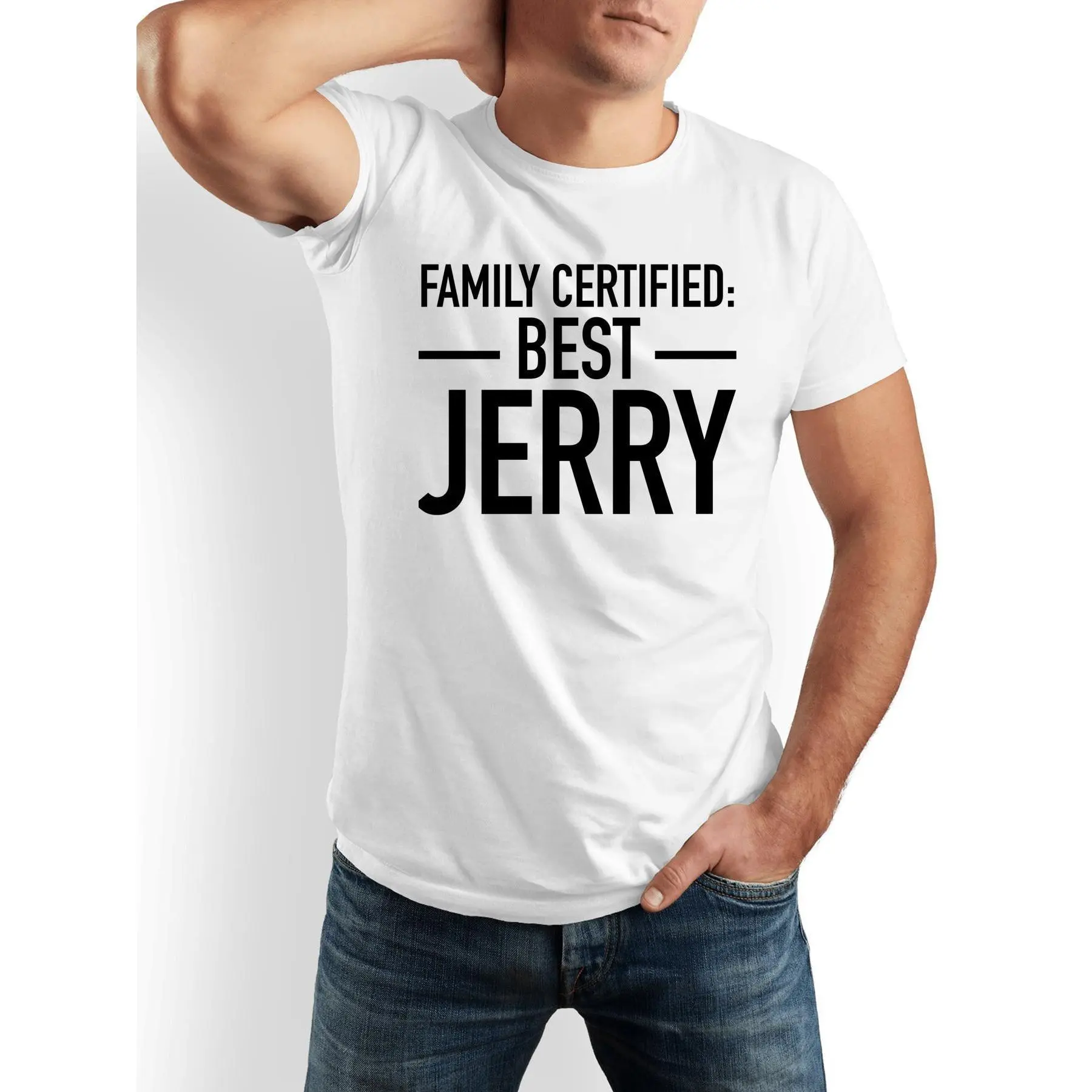 [100% Cotton] 100% Cotton  Men's Funny Certified Best Jerry T-Shirt - White Crew Neck Short Sleeve Tee with Bold Jerry Name Print, Casual & Gym Wear, Humorous Gift for Dads, Friends, Family - Jerry Fans Apparel, Year-Round Fit