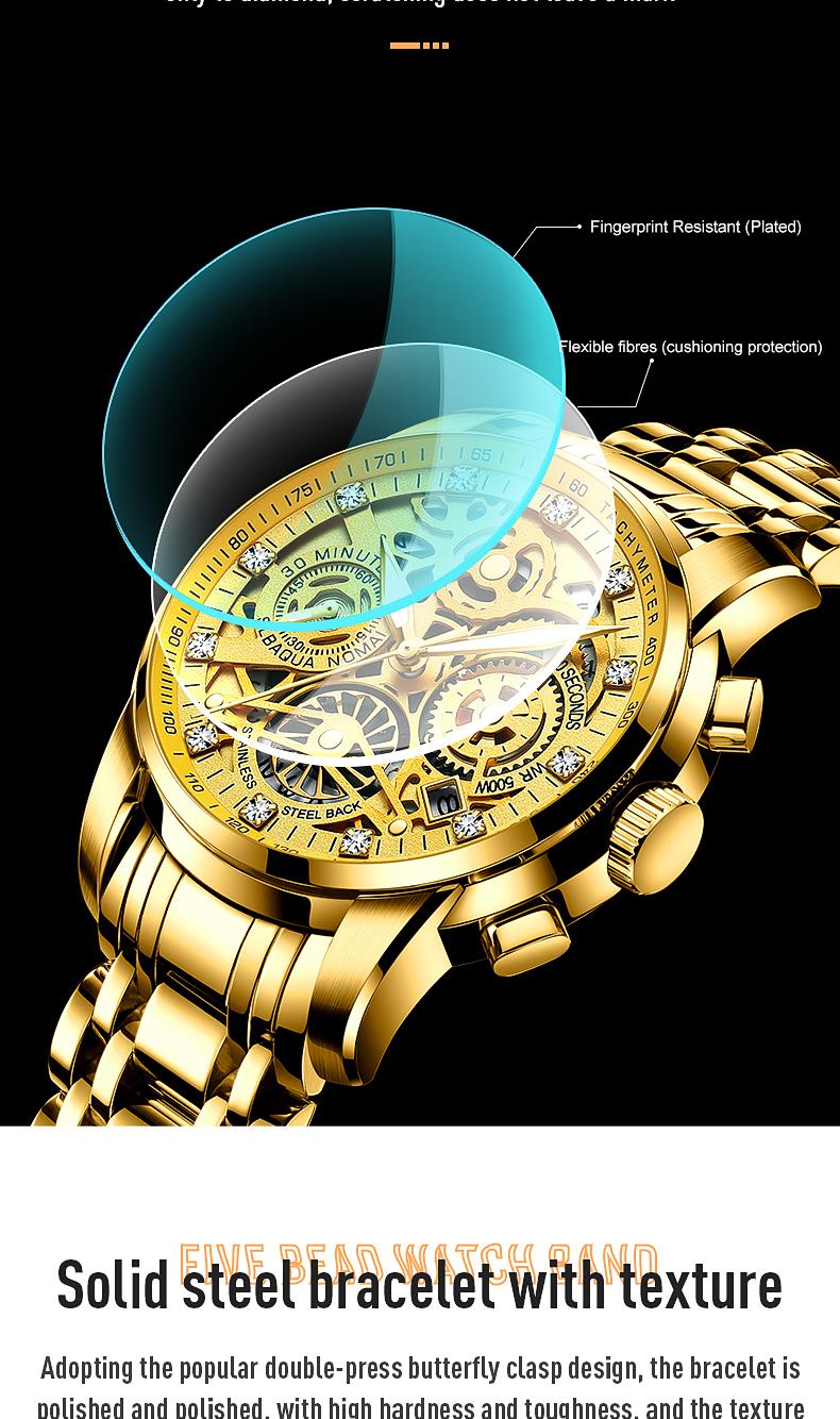 Men's Luxury Gold Skeleton Quartz Watch - Fully Iced Out Diamond Encrusted Wristwatch with Chronograph Tachymeter, Date Display, Stainless Steel Band, Perfect Gift for Him