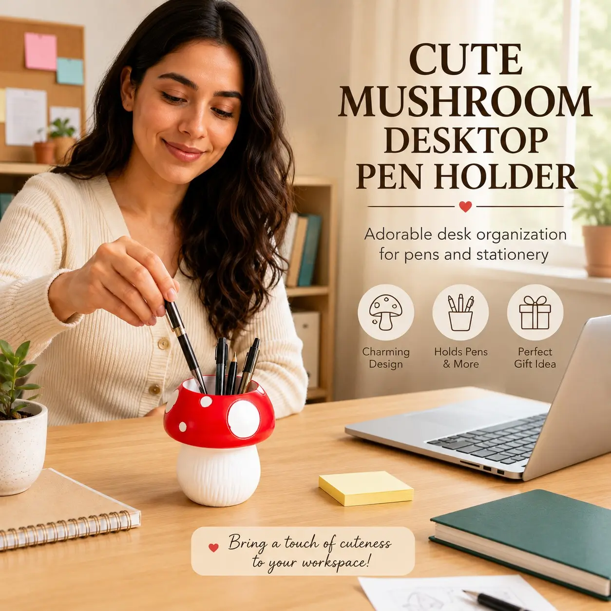 Cute Cartoon Mushroom Desk Organizer Pen Makeup Brush Holder For Bedroom Office School Dorm Decor Gift For Teens Women Girlfriend Wife Mom Christmas Birthday Halloween