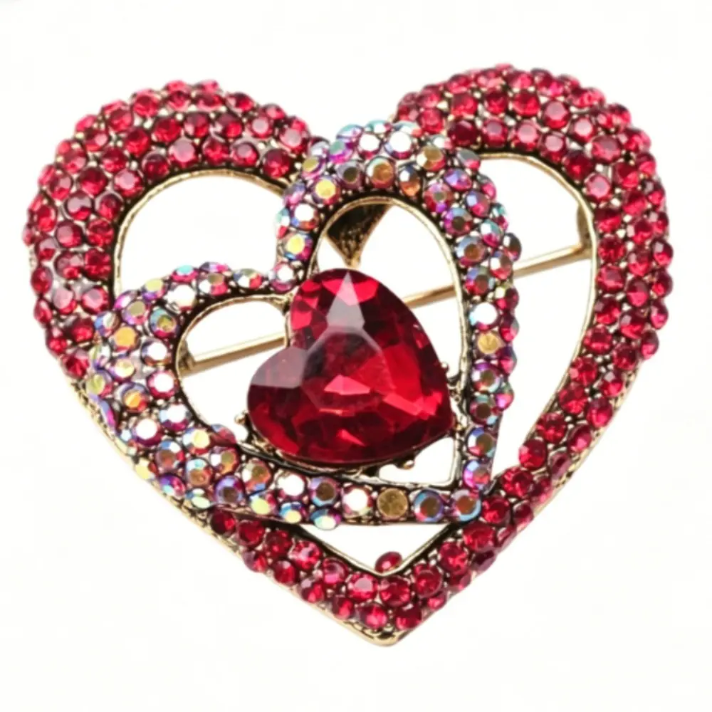 Double Hollow Heart Brooch Big Red Heart Rhinestone AB Color Crystal Gold Love Lapel Pin Wedding Coat Jewelry Gift