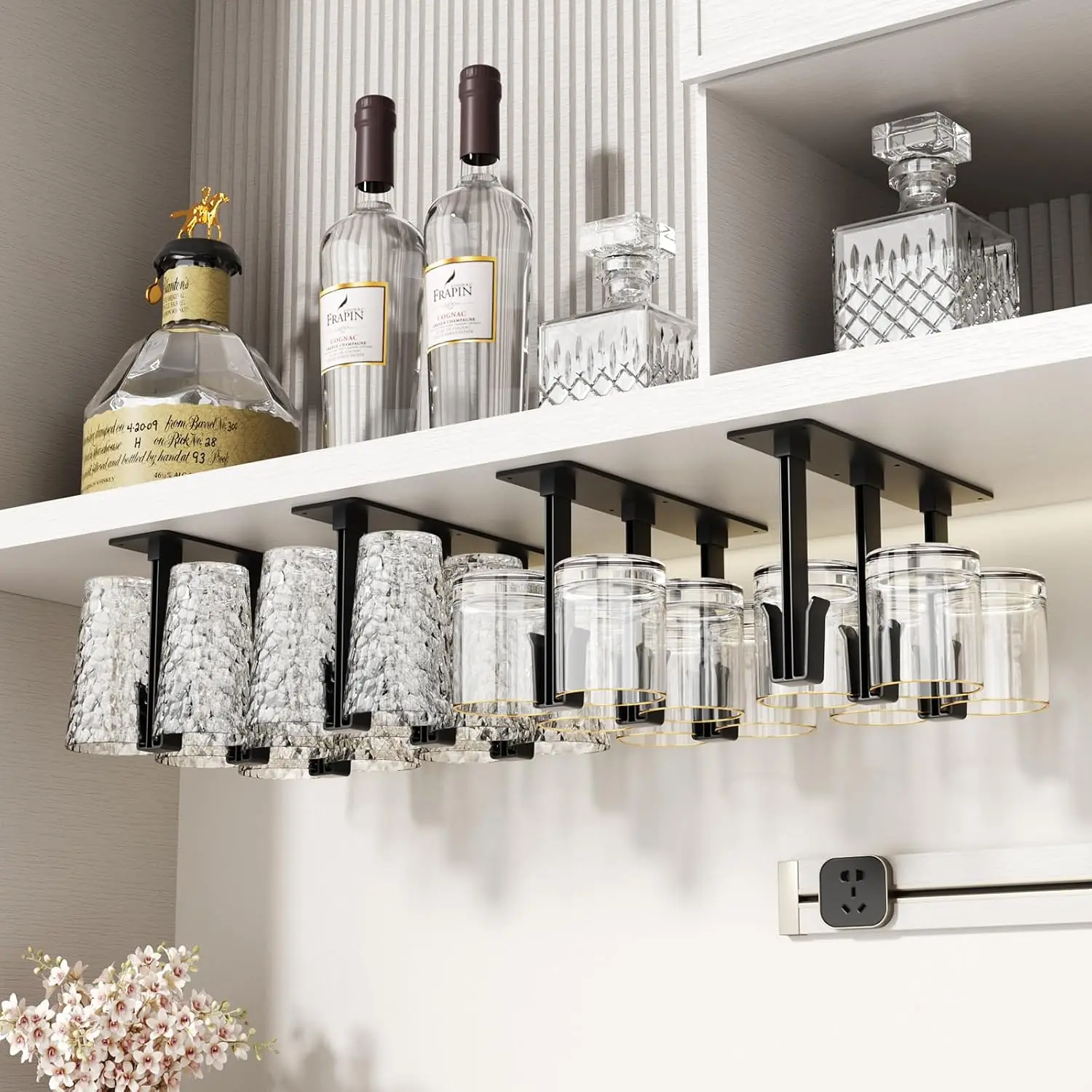 Glass Holder, Drill-free  Glass Rack Under Cabinet, Black | The Clip- Design Allows Each Glass Rack To Hold 6 Glass, Quick to Install and Can Be Combined In Any Configuration (4 PACK)