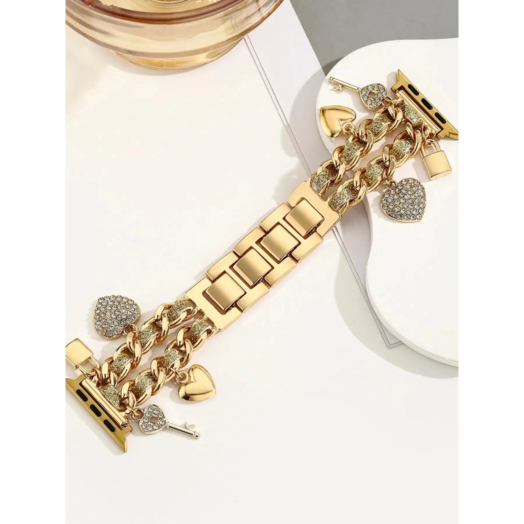 1-Piece Metal and Thin Leather Rope Double Heart Lock Core Smart Watch Straps, Smart Watch Accessories, Compatible with Apple Watch Series Ultra/SE/11/10/9/8/7/6/5/4/3/2/1 and 38/40/41/42/44/45/46/49mm(Strap only, watch/case not included)