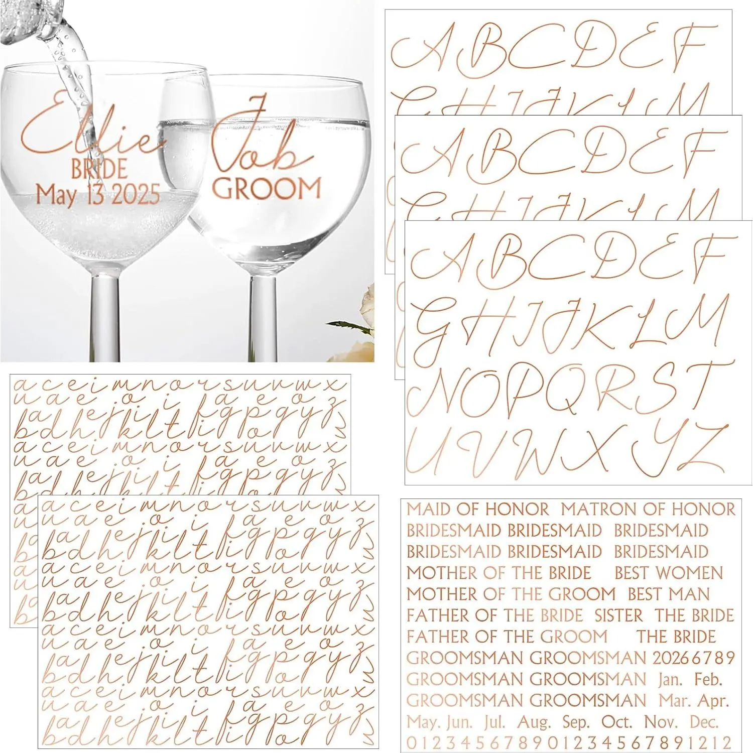 6 Sheets Custom Bride Bridesmaids Letter Stickers Personalized Vinyl Proposal Name Decal UV Dtf Cup Wraps for Champagne Glasses Cups  Box Bridal Shower Wedding Bachelorette Party(Rose )