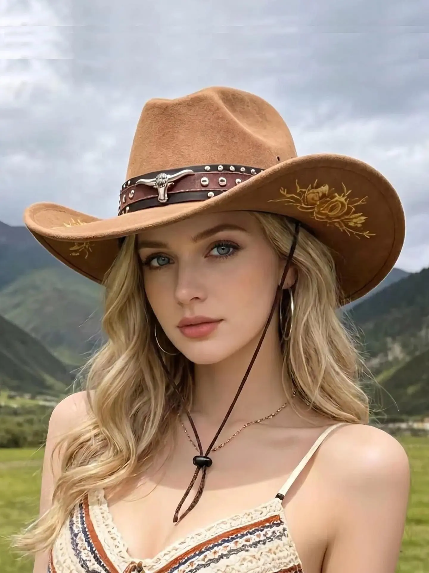 Western Style Embroidered Wide Brim Cowboy Hat, Detachable Metal Horn Leather Strap, Sun Protection, Fashionable, Perfect for Parties and Outdoors