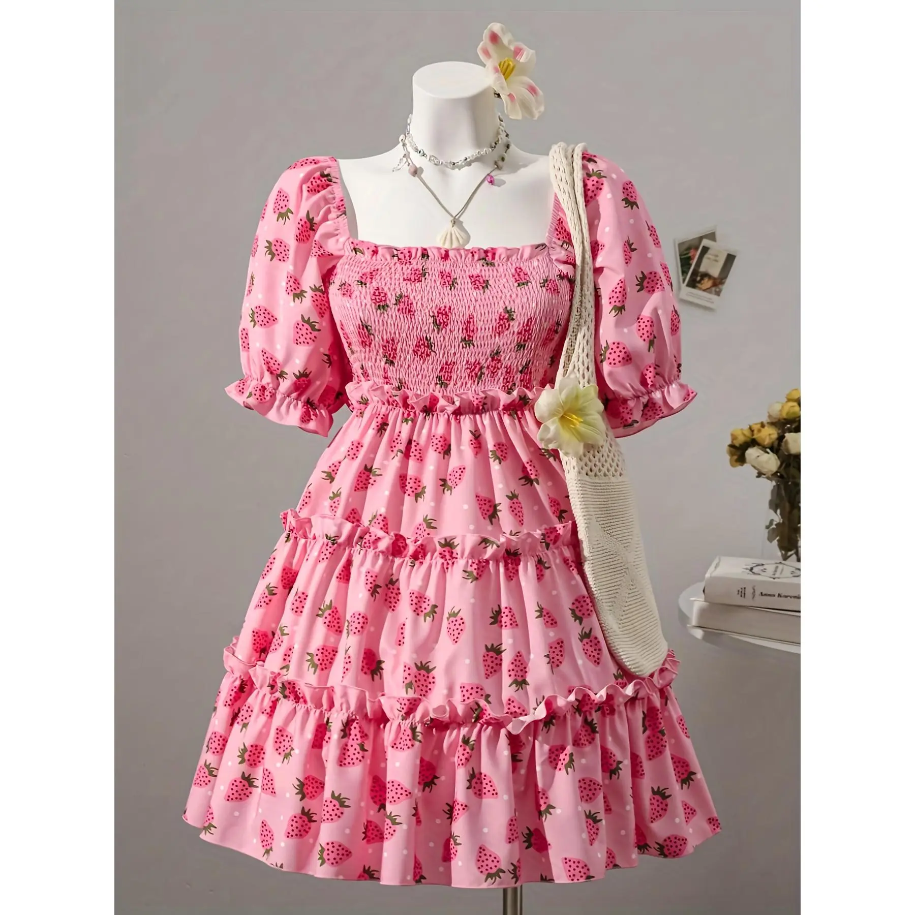 Stylish, Versatile, High-Quality, High-Waist Strawberry Print Straight-Cut Women'S Dress,leopard,elegant,Pleated,unlined,long,blue,easter,baby,plus,western,clothing,bodycon,loose,classy,sundresses