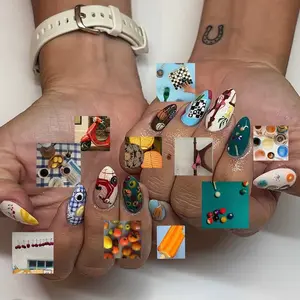 24Pcs Long Almond Press On Nails, Summer Life Illustration Nail Art Fake Nails, Multi-Color Base with Daily Scene Prints of Lemon, Motorcycle, Billiards and Checkerboard, Reusable Removable False Manicure Nails