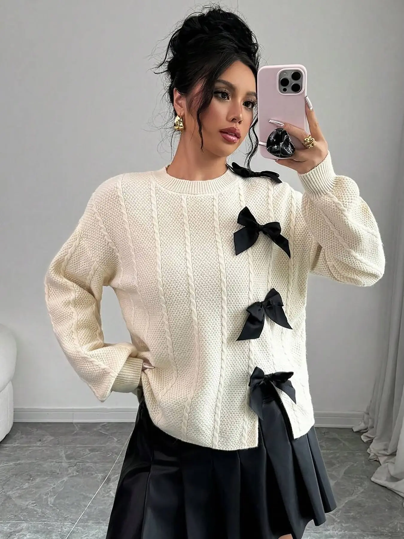 Butterfly Knot Unique Design Pullover Sweater, Loose Fit Lazy Knit Top, Elegant Long Sleeve Knitted Shirt, Comfortable Fashionable Casual Wear