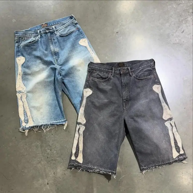 Women's 2025 Retro Skeleton Jean Shorts, Streetwear Sports Casual Couple Outfits, European & American Style (55 Pants Variant), Pocket, Skeleton Print, Multi-Size, Mid Waist