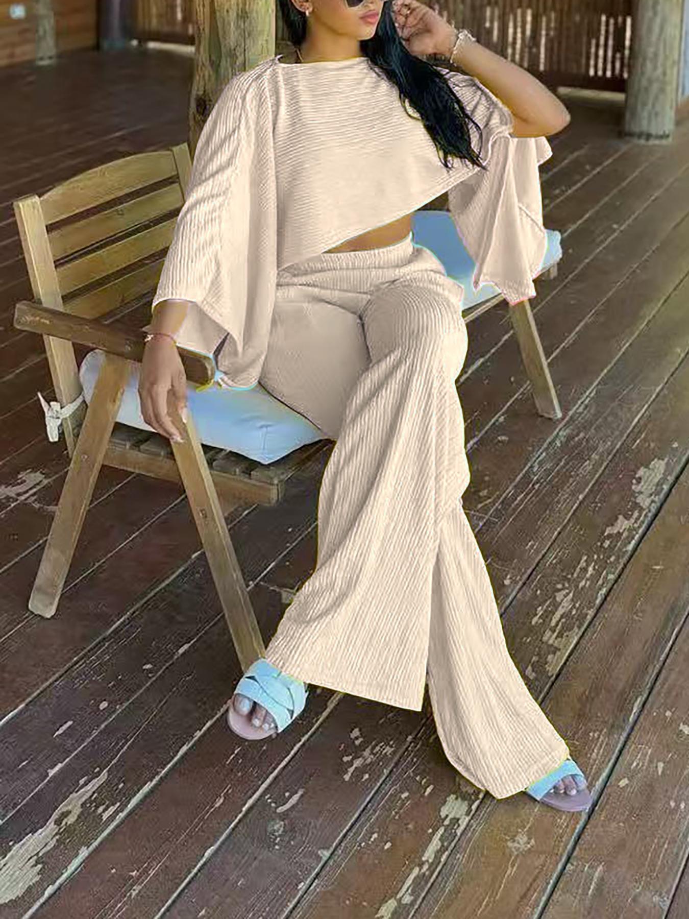 Women's Fashionable Asymmetrical Neckline Top & Elastic Waist Pocket Pants Set, Fit, Elegant Casual for Beach Vacation