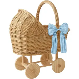 Woven Rattan Baby Stroller Flower Basket, Handcrafted Vintage Wicker Carriage Planter for Baby Shower Centerpieces, Wedding Party Decor and Photo Props, Small Size 14"