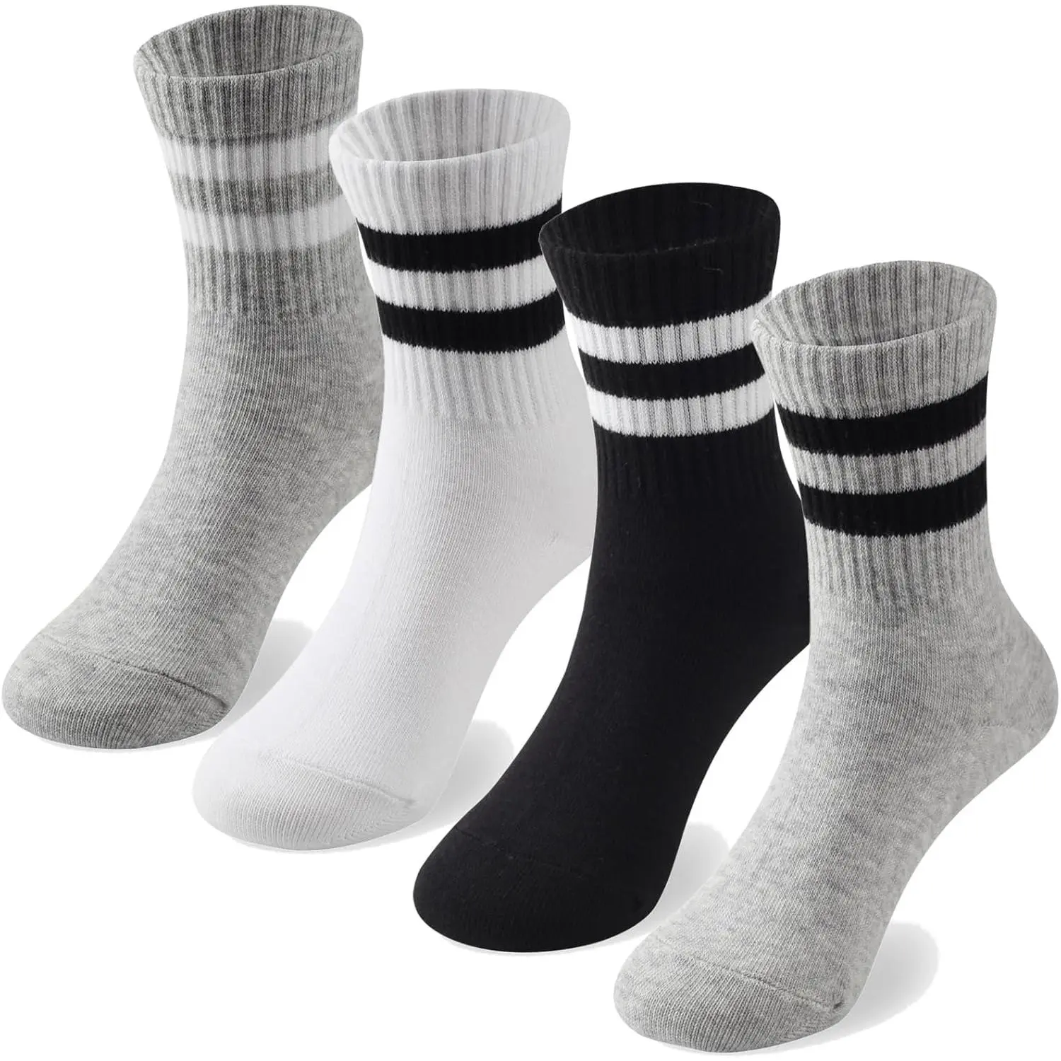 Unisex Soft Cotton Athletic Socks with Retro Stripes, Classic Sporty Design, Elastane Blend, for School Uniforms & Baseball, Sensory Friendly, Black White Gray Navy Khaki Colors