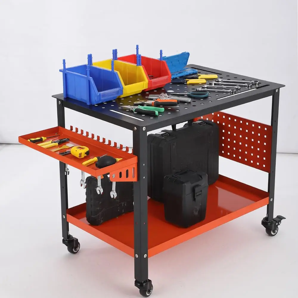 Welding Table with Wheels,Heavy Duty Steel Welding Tables with Tool Tray for Shop 32 x 24 in,1200 Lb Welding Table with Holes 5/8,Pegboard,Hooks,Slots,Storage (Orange&Black)