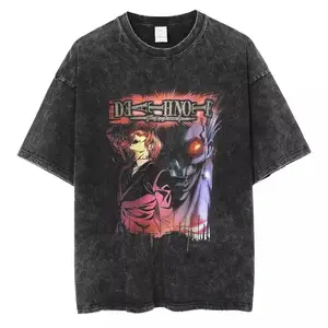 Distressed Black Wash Heavy Cotton Top Retro Horror Anime Man & Fiend Monster Art Print Loose Oversized Casual Alt Tshirt Men Women