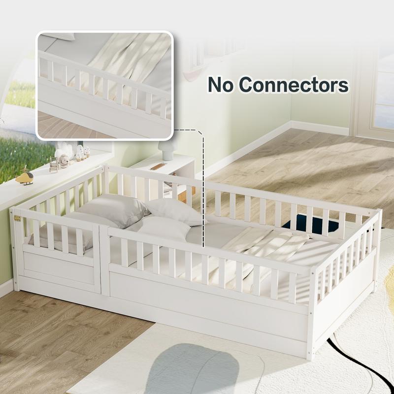 Twin Size Floor Bed, Integral Construction with Super High Security Barrier, Door, Children's Floor Bed Frame, Montessori Wooden Children's Floor Bed