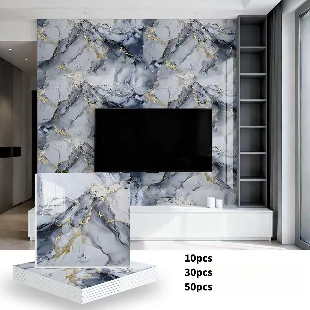 10/30/50 Self-adhesive bathroom tiles, marble-pattern wallpaper stickers, waterproof wall panels, suitable for bathrooms, kitchens and living rooms, easy to peel and stick, TV background wall decoration, modern wall decor, simple to install