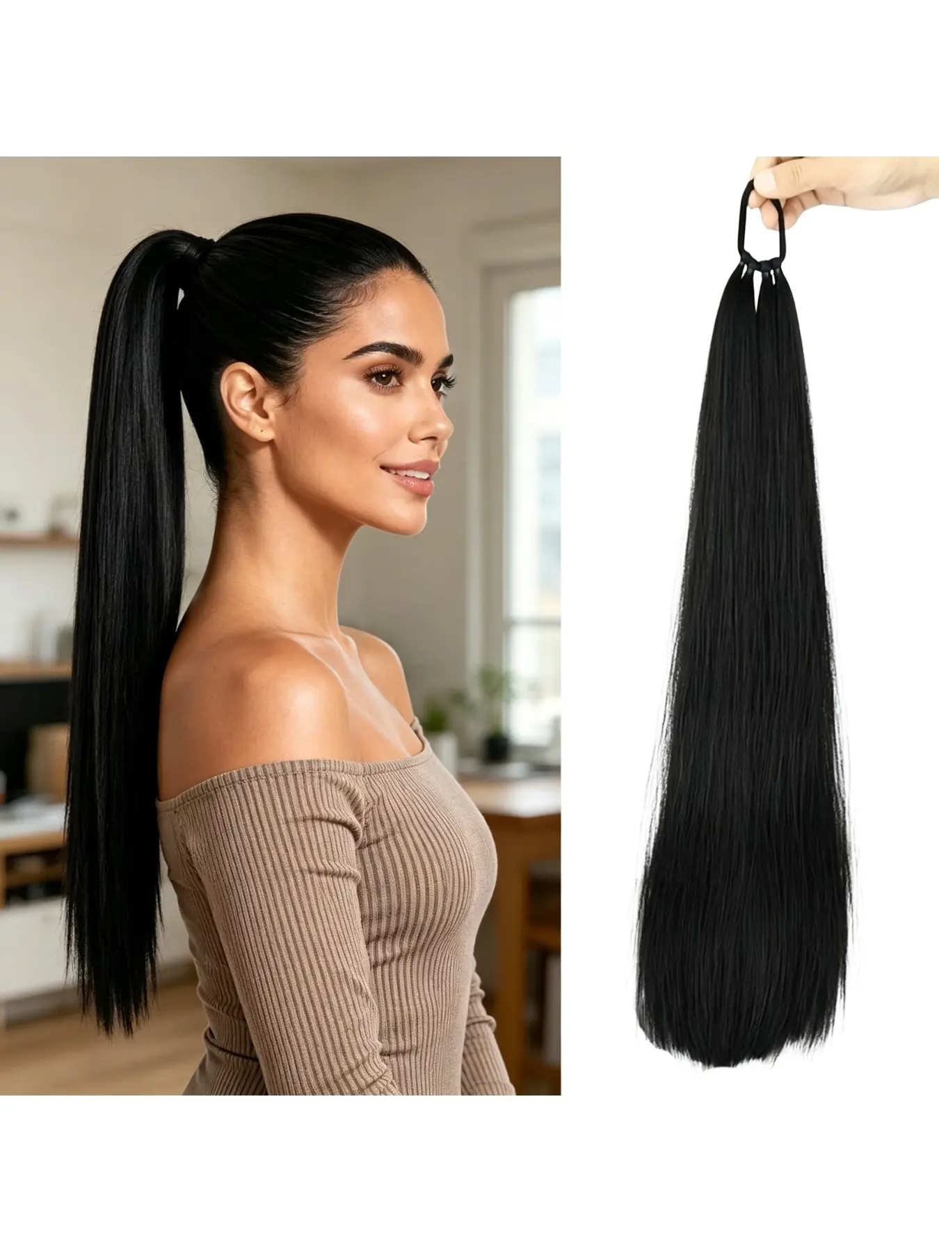 24-inch long wrap-around ponytail hair extension, with hair tie, fluffy wrap-style DIY hair bundle, adds volume, naturally soft and lightweight, perfect for everyday use, weddings, parties, and holidays for women