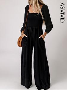 women's plain ruched shirred pocket wide leg jumpsuit, casual modern bishop sleeves square neckline jumpsuit for fall, ladies modesty clothes for daily wear, womenswear