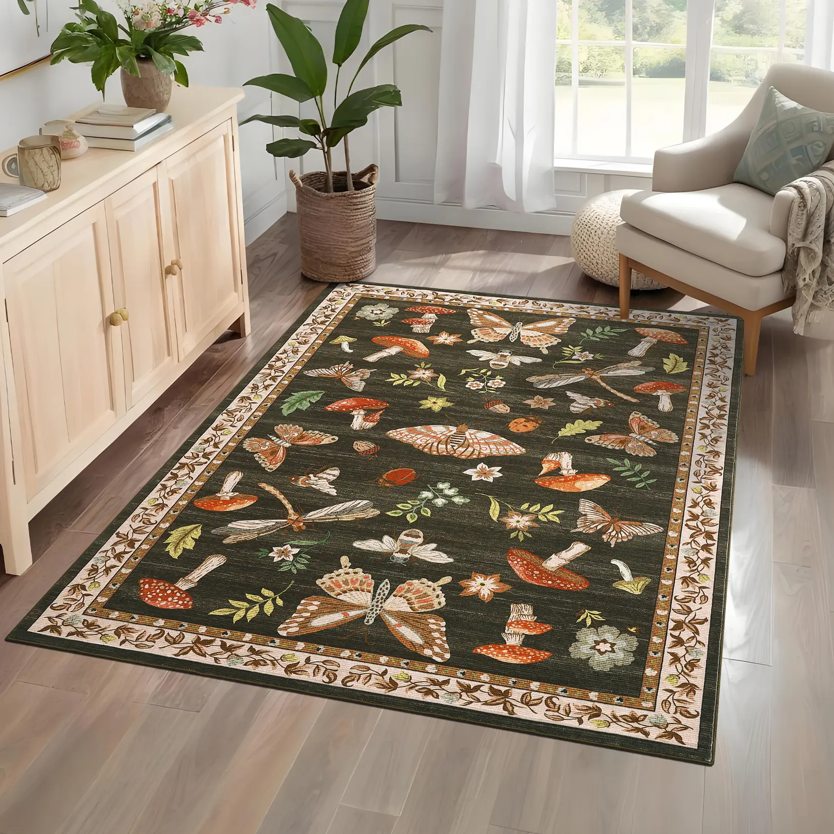 Mushroom Print Single Indoor Floor Rug, 8x10 ft, Black or Green, Washable, Non-Slip Low Pile Fiber, Natural Theme Carpet