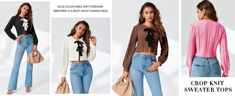 Saodimallsu Womens Cropped Cable Knit Cardigan Sweaters Long Sleeve Bow Tie Front Crew Neck Chunky Sweater Tops