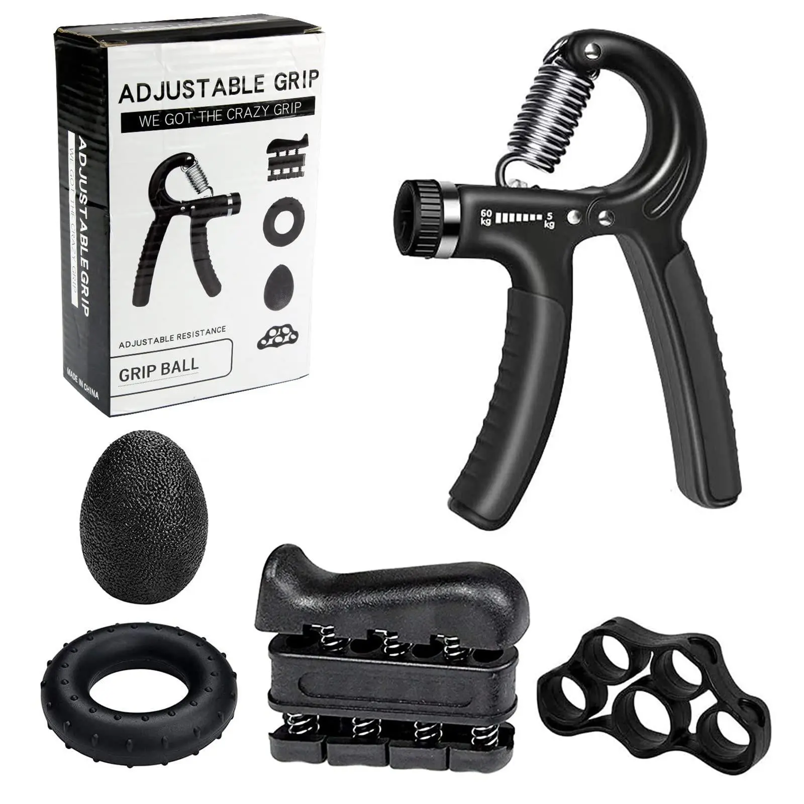 Five-Piece Adjustable Grip Strengthener Set, Hand Training Tool, Finger Exercise Rings, Combo Fitness Equipment, Home Workout Gear