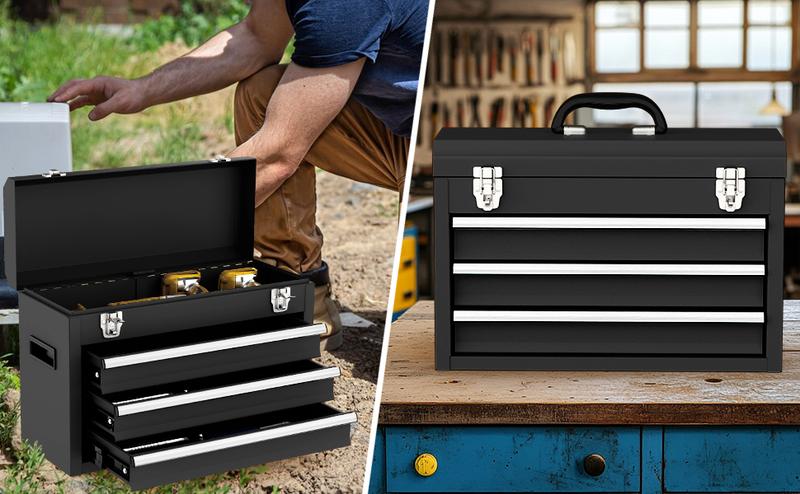 3 Drawer   Box, Portable   Box  EVC Liners and Latches Closure, Heavy Duty Steel  Chest  Ball Bearing Opening and Powder Coated Finish, Black Lockable Weed Eater Rack for Trailers Carpenter Tool Belt with Suspenders wrench metal garden pack out rolling