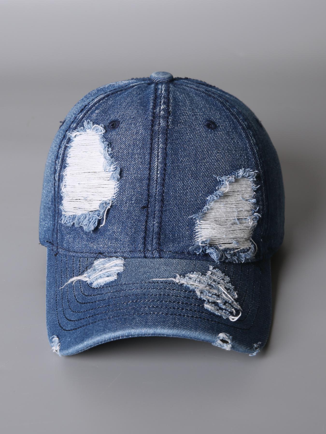 Unisex Vintage Washed Distressed Denim Baseball Cap Fashion Hole Design One Size Fits All Trendy Casual Headwear for Men and Women