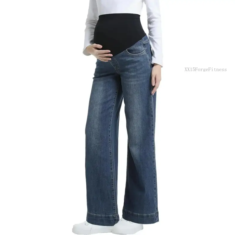 Maternity Jeans Wide Leg Over The Belly Support Stretch Pregnancy Denim Loose Wide Pants with PocketsXX15ForgeFitness